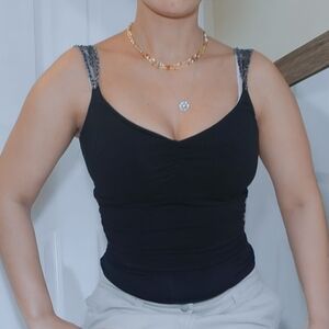 Anthropologie Bordeaux Seamless One Sz (Small) Black Beaded Sequin Lace Tank Top